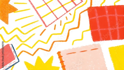 Abstract Crayon-Style Book and Shape Composition in Warm Colors