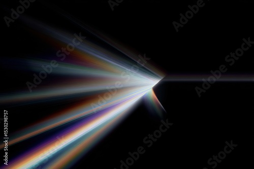 Abstract light beams converging to a sharp point on black backdrop
