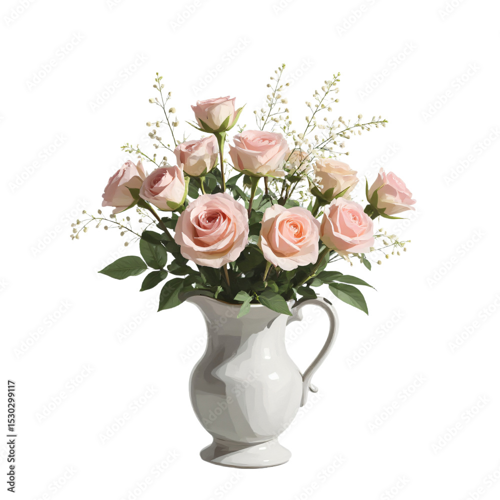 Obraz premium A bouquet of pastel roses and baby's breath in a classic white ceramic vase, isolated on a white background. Elegant, timeless, and delicate floral arrangement with soft colors. No shadows.