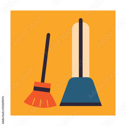 Simplified illustration of a broom and dustpan set on an orange background ready for cleaning