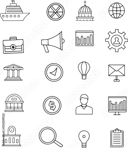 Business and Communication Vector Line Icon Set – Marketing, Finance, and Technology Symbols