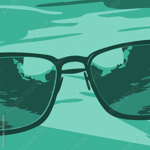 Sunglasses reflecting a landscape in a teal color scheme