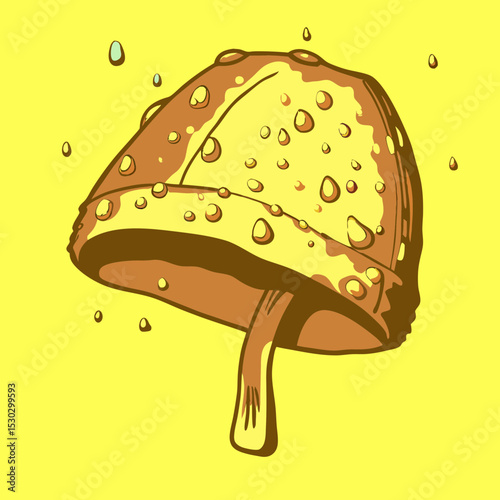 Illustration of a mushroom with water droplets on yellow