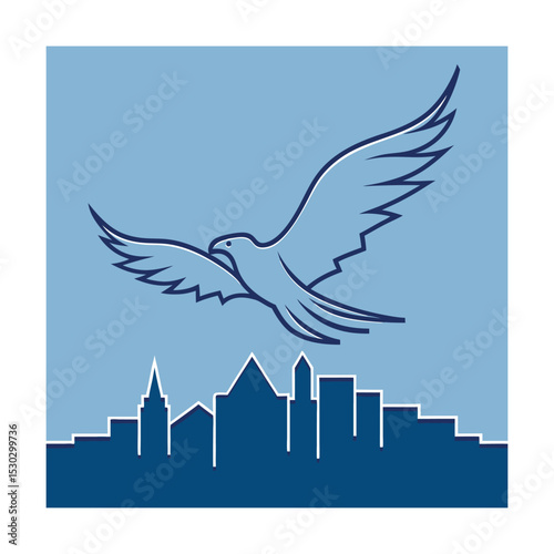 Soaring eagle above cityscape representing freedom strength and corporate success abstract design
