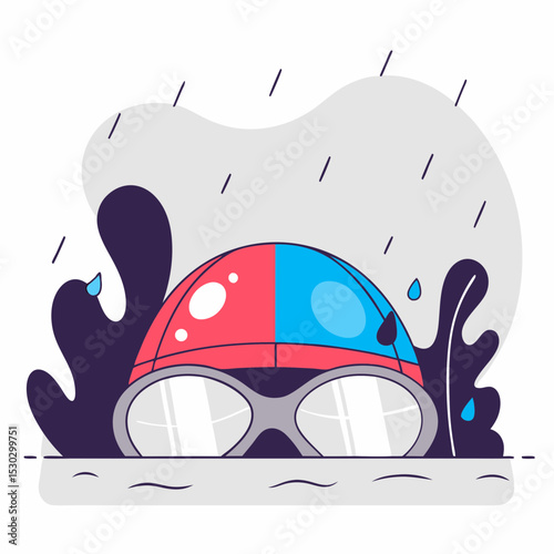 Cartoon swimmer with cap and goggles in the rain vector