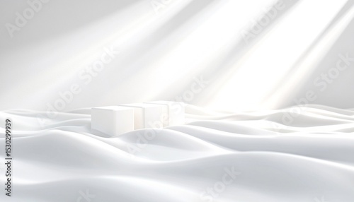 Minimalist White Geometric Scene with Cubes and Undulating Texture