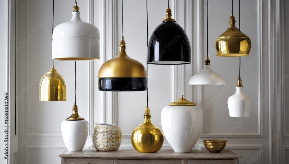 Obraz premium Various pendant lamps and decorative ceramic pieces
