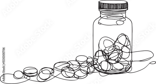 High quality photo of tablet pill bottle vector illustration. A glass container full of disk-shaped tablets.