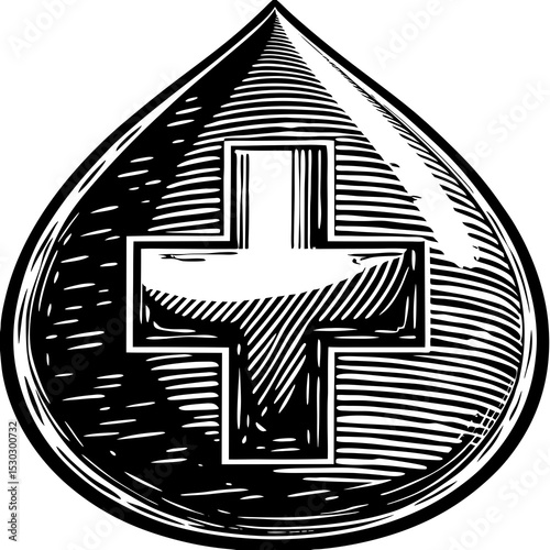 Illustration of a cross symbol inside a water drop shape