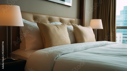 Neatly made bed in a modern hotel room with beige pillows and soft lighting. 