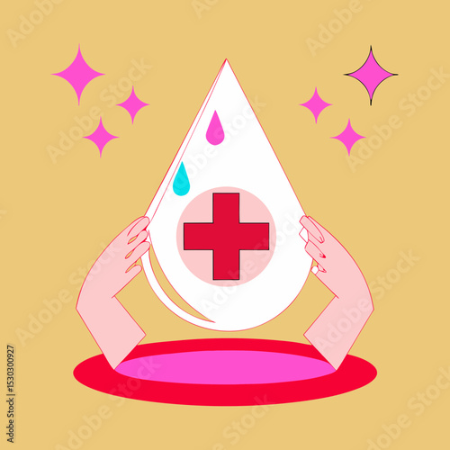 Hands holding a medical symbol with drops and stars around