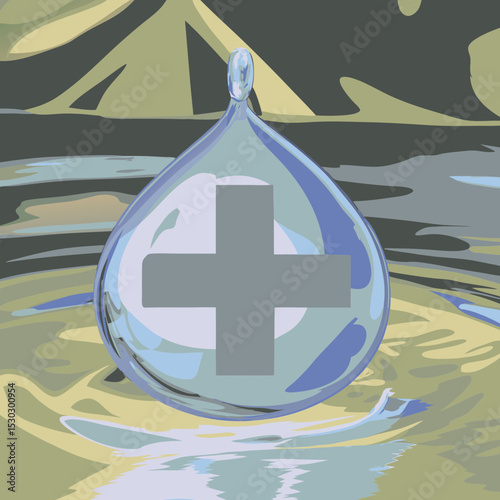 Water drop with plus sign in an abstract landscape art