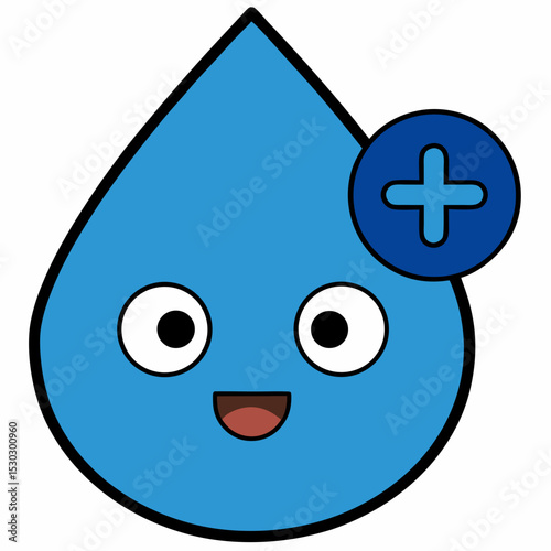 Illustration of a cute blue water drop with a plus symbol