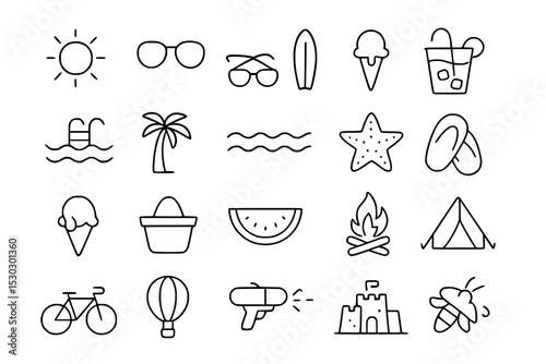 Summer and Beach Line Art Icons: Vector Outline Set for Vacation, Outdoor Activities, and Seasonal Fun with Adjustable Line Weight