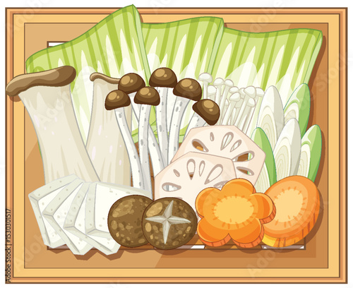 Assorted Asian Vegetables and Mushrooms Illustration