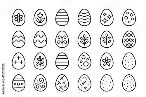 Minimalist Easter Egg Icons: Vector Outline Set for Spring, Holiday Decorations, and Festive Celebrations with Adjustable Line Weight