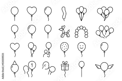 Minimalist Balloon Icon Set: Vector Outline Designs for Celebrations, Parties, and Festive Occasions with Adjustable Line Weight