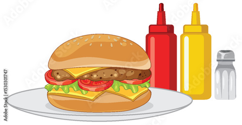 Classic Cheeseburger with Condiments Vector Illustration