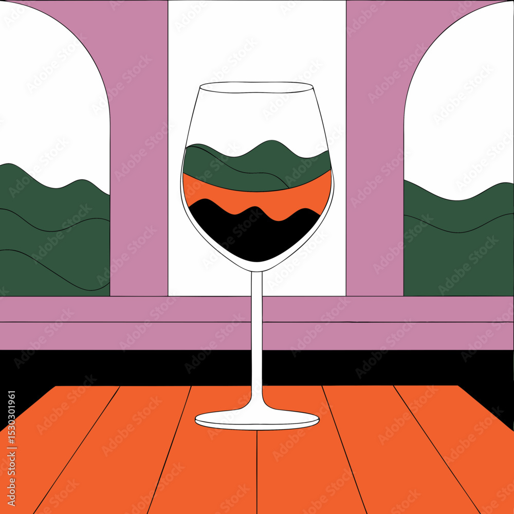 A wine glass with layered liquid on a wooden surface art
