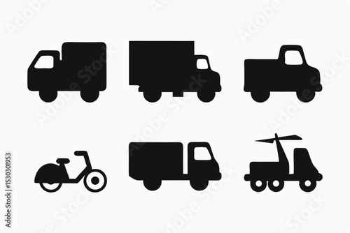 Collection of Simple Black Silhouettes of Delivery Trucks, Vans, and Motorbike Icons