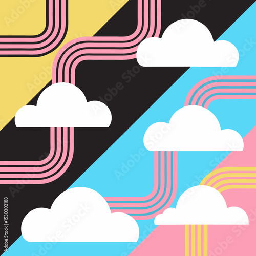 Clouds with retro lines on geometric color block design