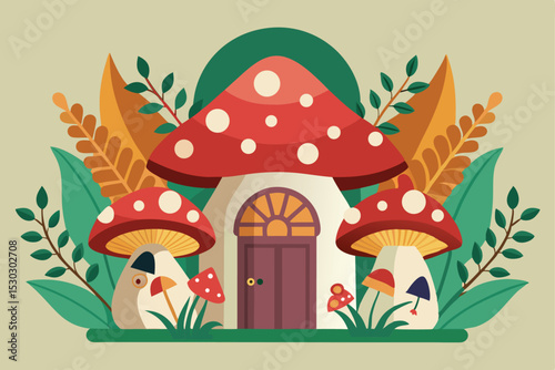 This flat design image showcases a cute mushroom house surrounded by vibrant autumnal foliage.