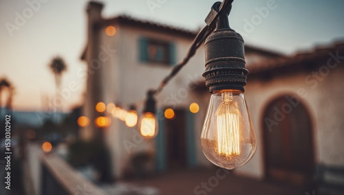 Warm string lights illuminate a house