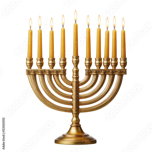 Golden menorah with lit candles isolated on transparent background