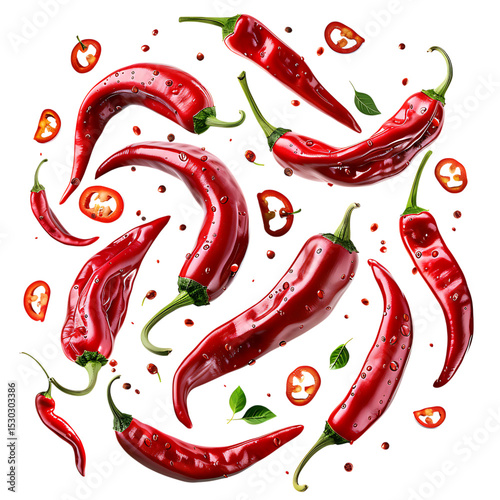 Red chili peppers floating in a circle isolated on transparent background