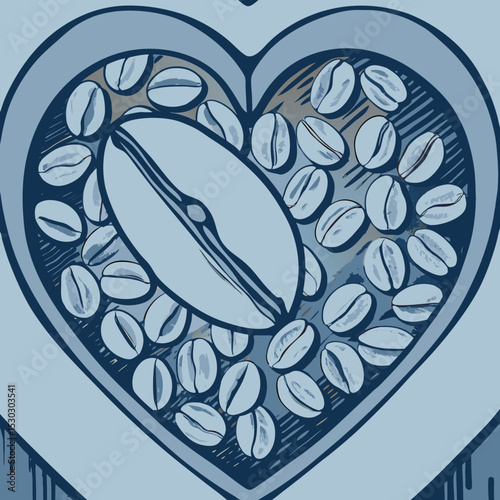Heart shaped container filled with coffee beans drawing