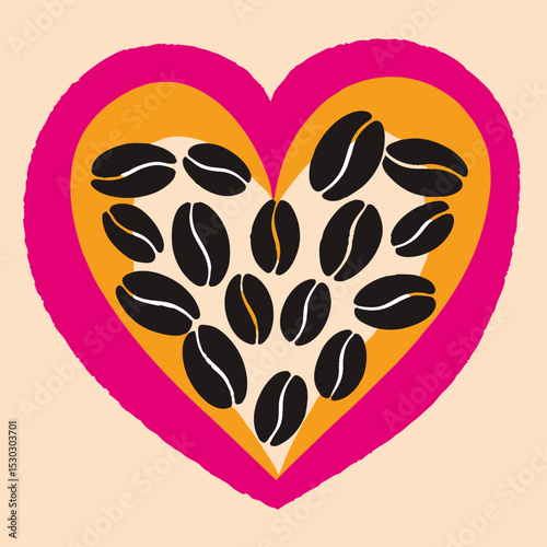 Heart made of coffee beans inside colored heart shapes