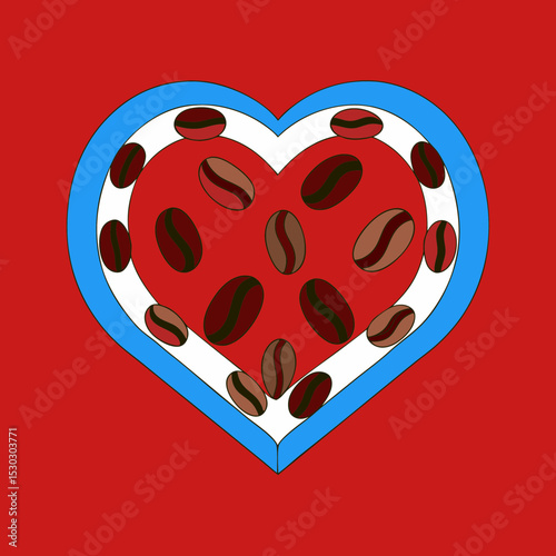 Heart shape filled with coffee beans on a red background