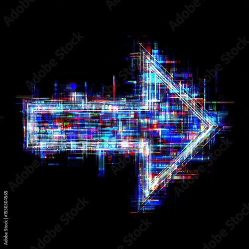 Digital glitch arrow  pointing right  with neon lights against black