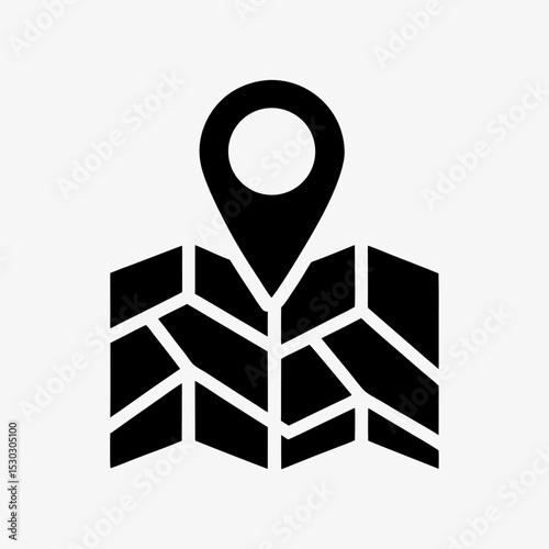 Map location icon, black GPS pin and folded map symbol on white background, navigation and direction concept illustration