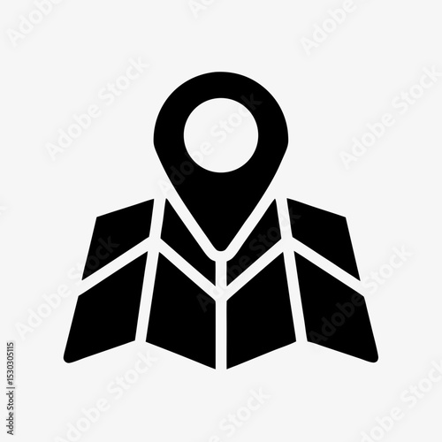 Map location icon, black GPS pin and folded map symbol on white background, navigation and direction concept illustration