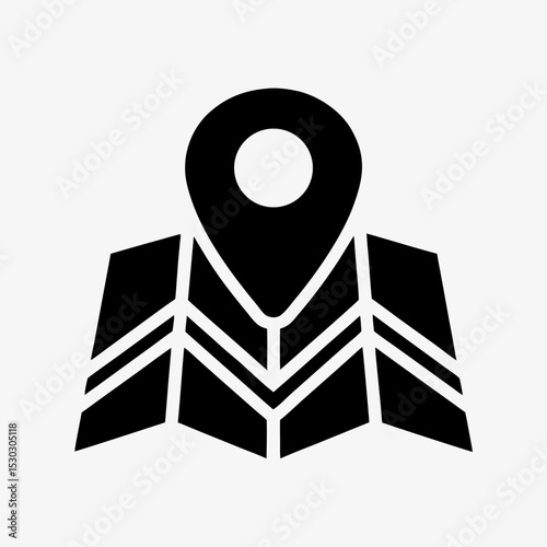 Map location icon, black GPS pin and folded map symbol on white background, navigation and direction concept illustration