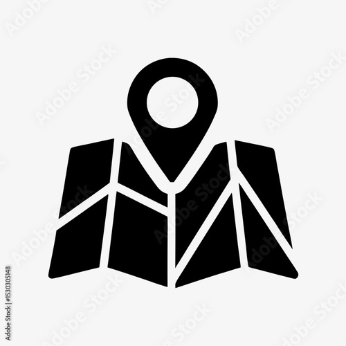 Map location icon, black GPS pin and folded map symbol on white background, navigation and direction concept illustration