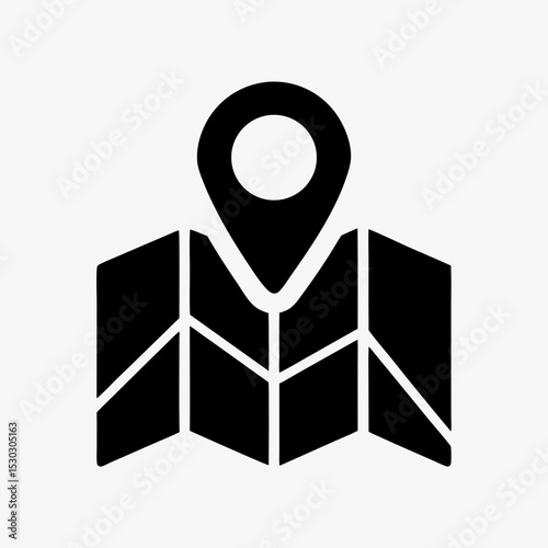Map location icon, black GPS pin and folded map symbol on white background, navigation and direction concept illustration