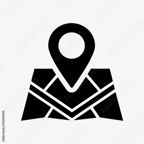Map location icon, black GPS pin and folded map symbol on white background, navigation and direction concept illustration