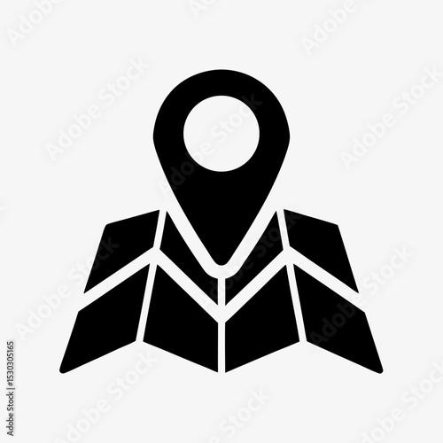 Map location icon, black GPS pin and folded map symbol on white background, navigation and direction concept illustration