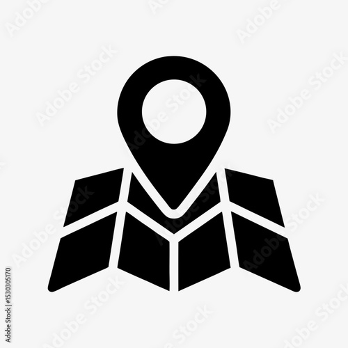 Map location icon, black GPS pin and folded map symbol on white background, navigation and direction concept illustration