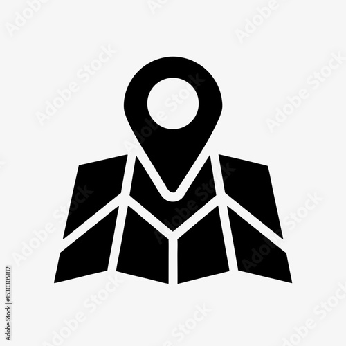 Map location icon, black GPS pin and folded map symbol on white background, navigation and direction concept illustration