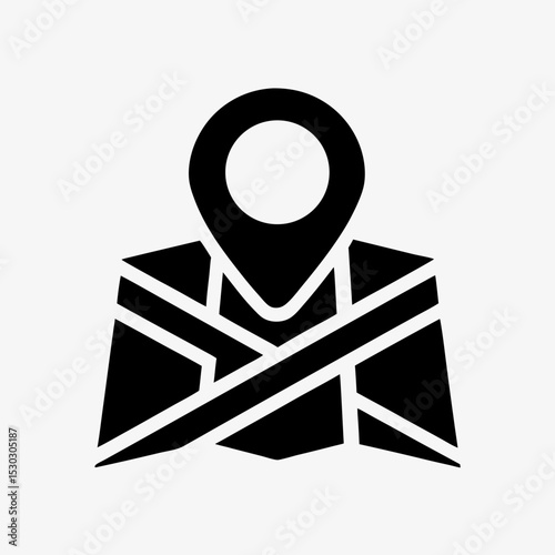 Map location icon, black GPS pin and folded map symbol on white background, navigation and direction concept illustration