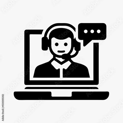 Customer support icon with headset agent on laptop screen, online consultation or video call help service symbol

