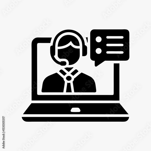 Customer support icon with headset agent on laptop screen, online consultation or video call help service symbol

