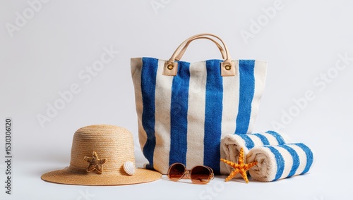 Beach bag, straw hat, towels, sunglasses, and starfish. Summer essentials on a plain background