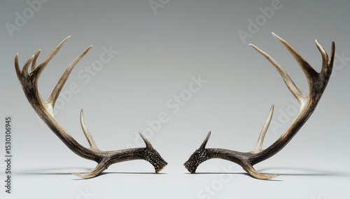 Two stag antlers, symmetrical, light gray background