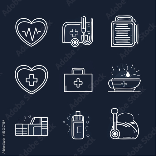 Medical icons in grid heart kit notes liquid bed etc