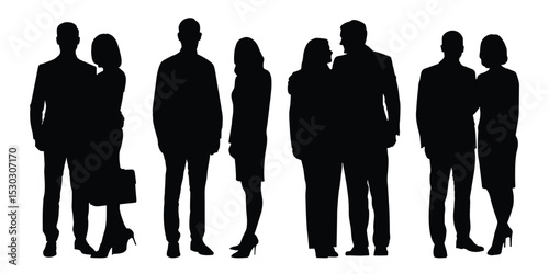 Silhouette of businessman woman standing together. Vector silhouettes of men and a women, a group of standing business people. Businessman and businesswoman silhouette flat style. Vector illustration