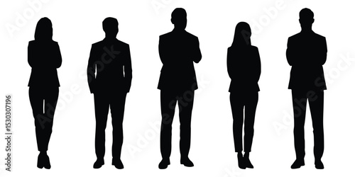Business people black silhouette, vector collection. Silhouettes set of standing people male and female full body vector set. Corporate crowd, group business people men woman flat vector illustration.